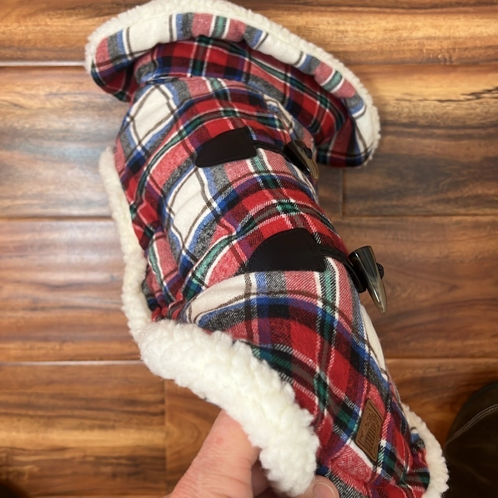 Bee & Willow Home Red Plaid Sherpa Lined Dog Coat Jacket Size Large 15” - 17” - Picture 4 of 6